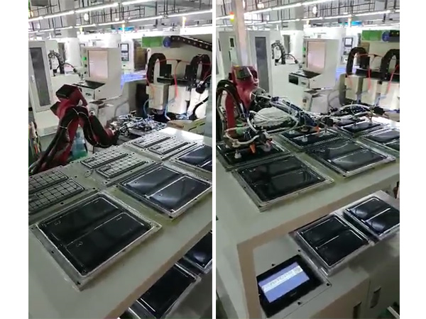 手机复合材料后盖批量加工-多头精雕机加自动化机械手臂